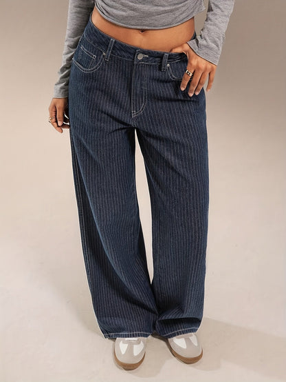 Women's wide-leg striped dark blue jeans