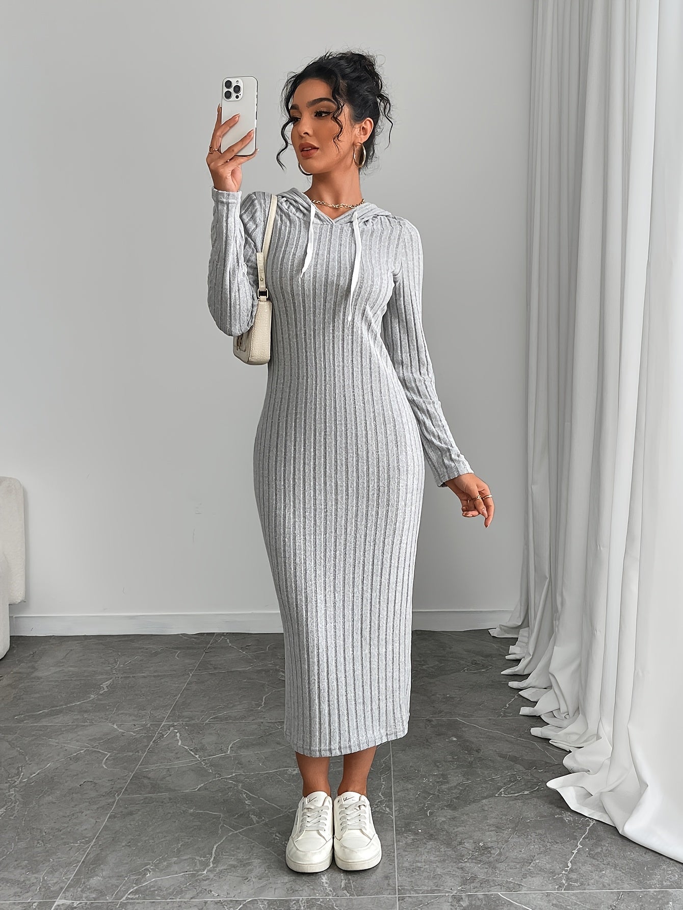 Ribbed midi dress for women, long-sleeve hooded dress