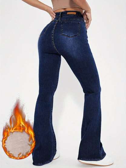 Damen Schlagjeans Dunkelblau mit Hoher Taille und Weitem Bein