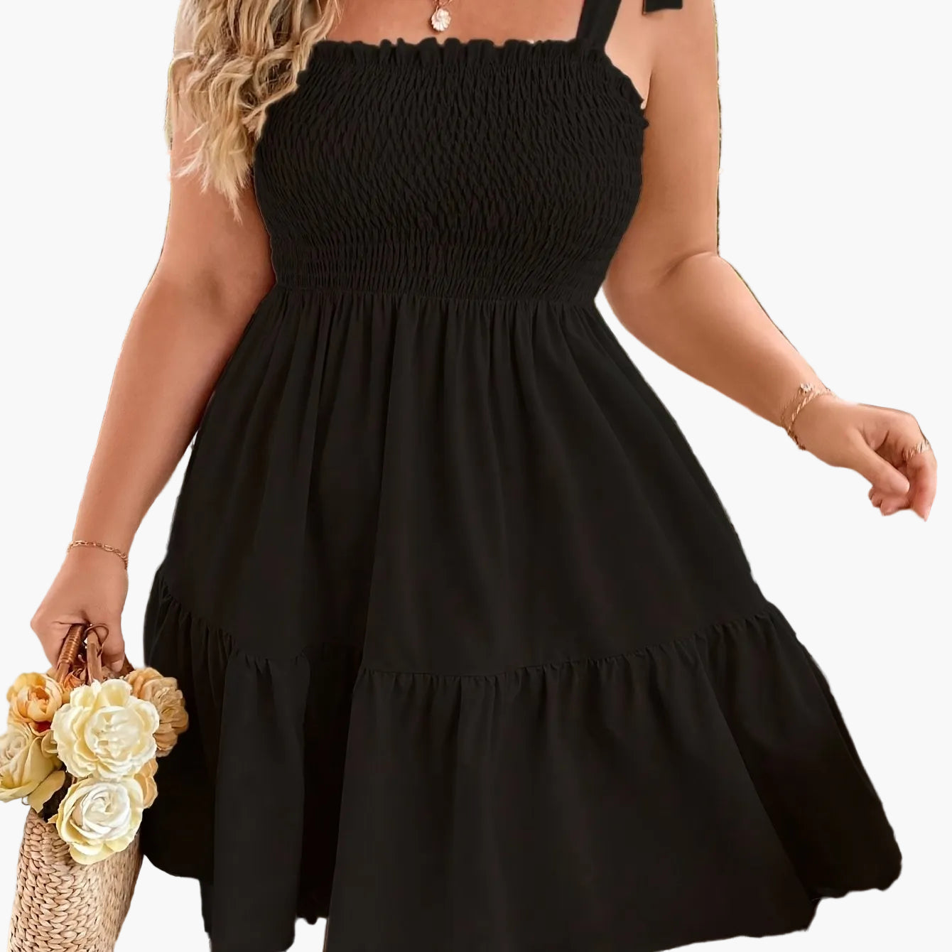 Women's Summer Mini Dress with Smocked Top and Shoulder Bow – Perfect for Vacation and Leisure
