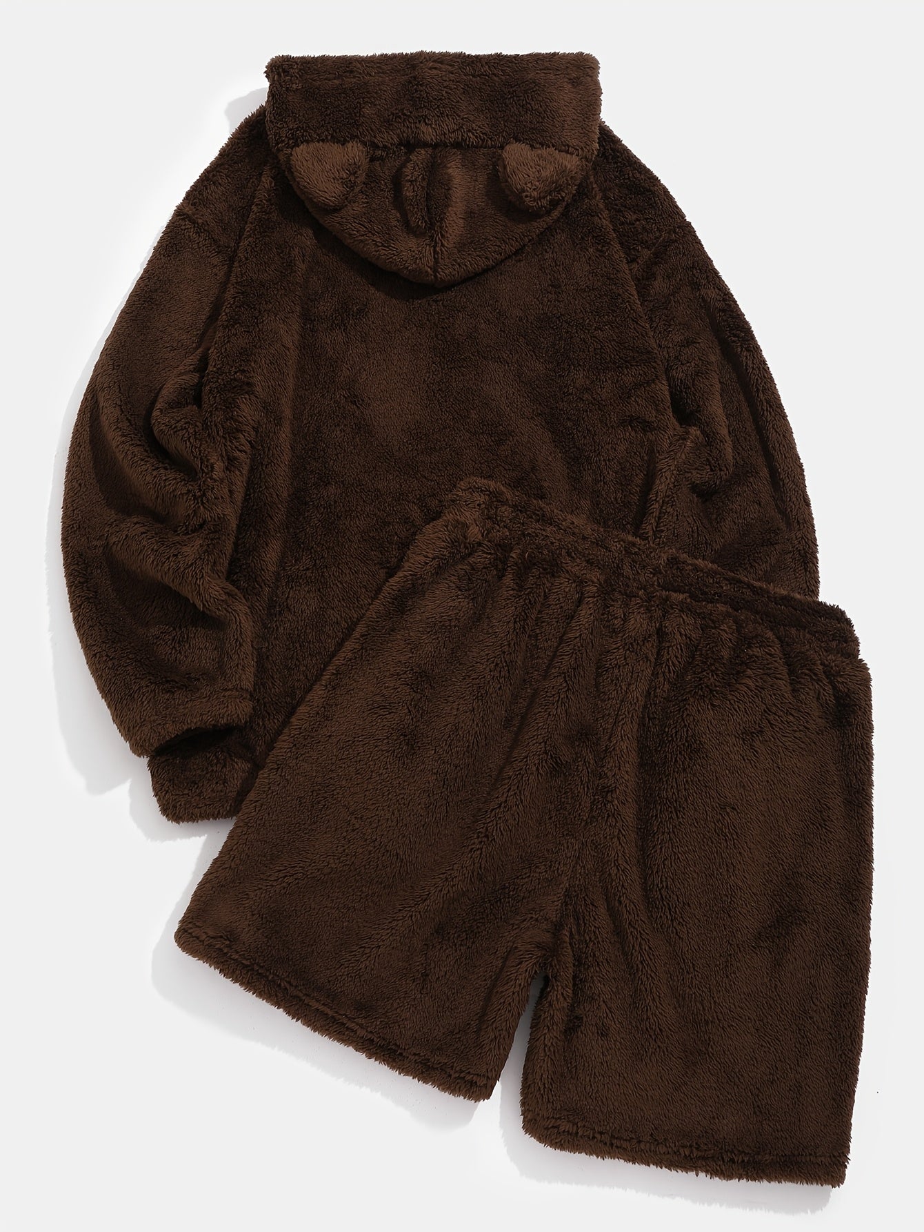 Plush hoodie and shorts set with bear ears, brown, cozy 2-piece outfit