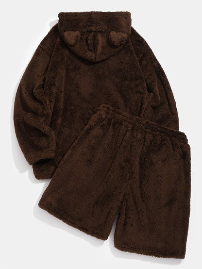 Plush hoodie and shorts set with bear ears, brown, cozy 2-piece outfit