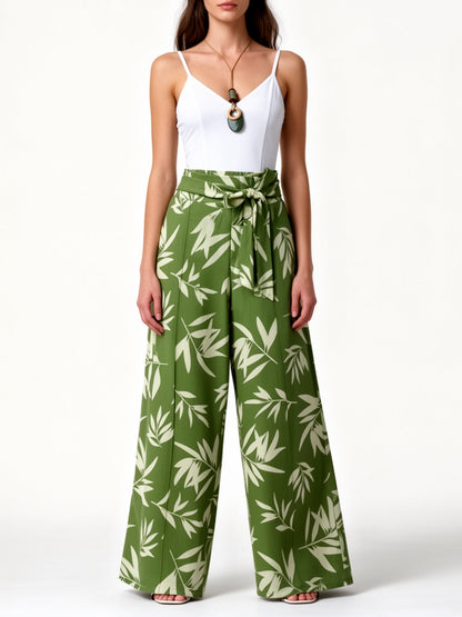 Women's Wide Palazzo Pants with Tropical Leaf Pattern – Elegant Summer Look for Everyday & Vacation