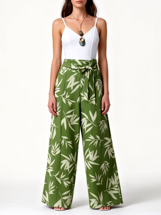 Women's Wide Palazzo Pants with Tropical Leaf Pattern – Elegant Summer Look for Everyday & Vacation
