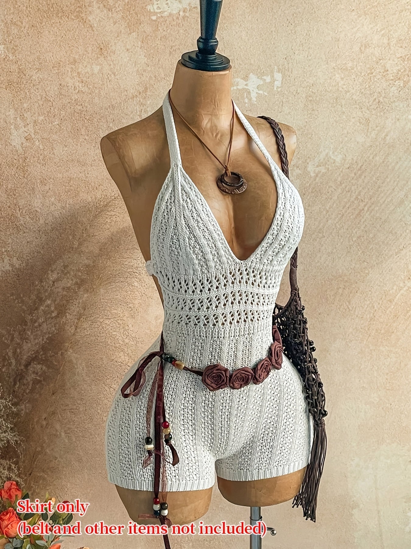 Women's Crochet Beach Jumpsuit with V-Neck and Halter Straps – Boho Summer Jumpsuit for Vacation & Leisure