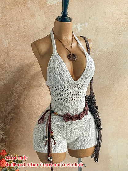 Women's Crochet Beach Jumpsuit with V-Neck and Halter Straps – Boho Summer Jumpsuit for Vacation & Leisure