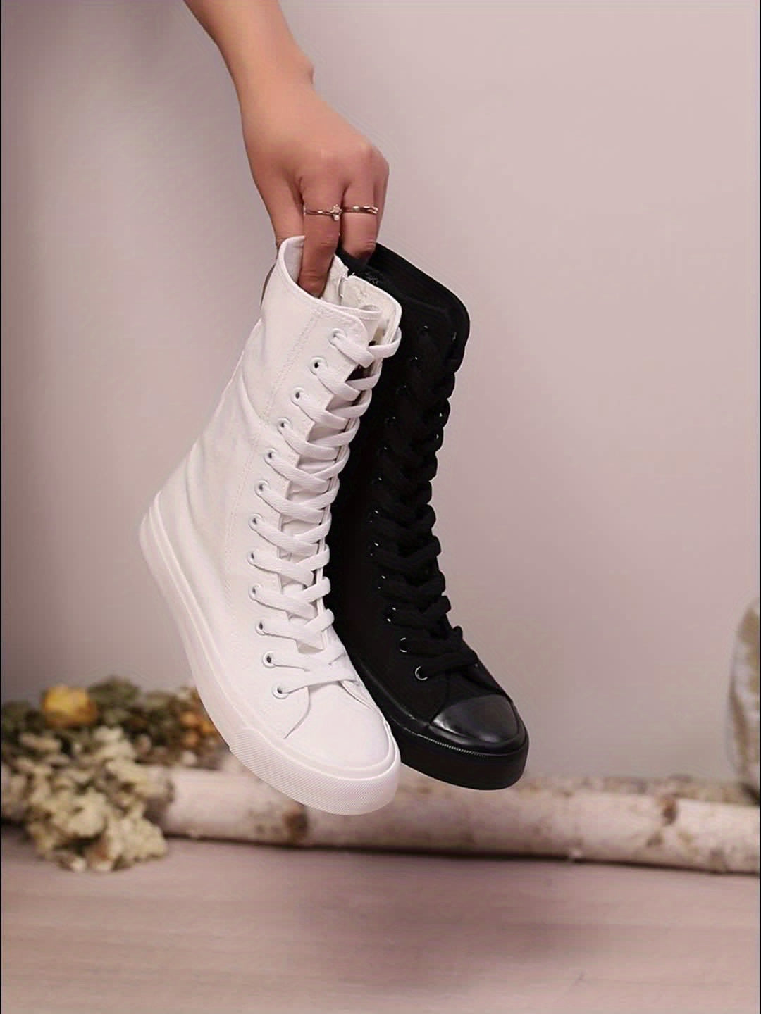 High-top canvas sneaker boots with laces and a zipper for women