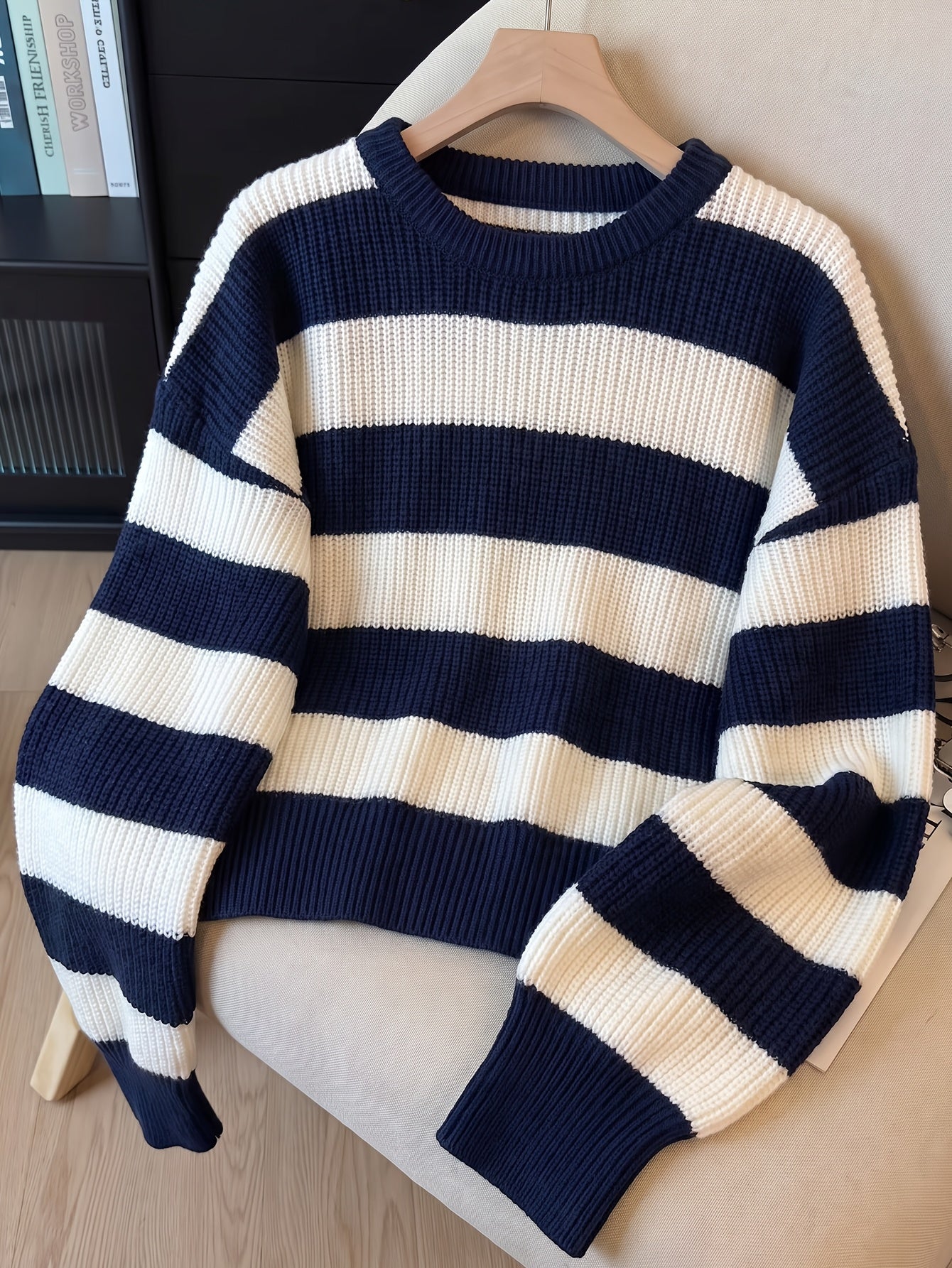 Women's knitted sweater, black and white striped, crew neck, loose fit