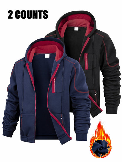 2-Pack Men's Hoodie Jacket Set, Zip-Up Hoodies, Fleece-Lined, Navy Blue, Black, Red