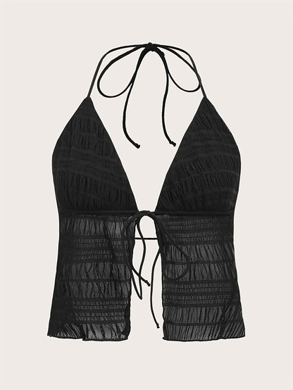 Women's Fashionable Halterneck Camisole Top with Ruching and Tie – Party & Summer Outfit
