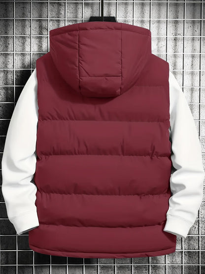 Men's quilted vest with hood, zipper & pockets, padded, black