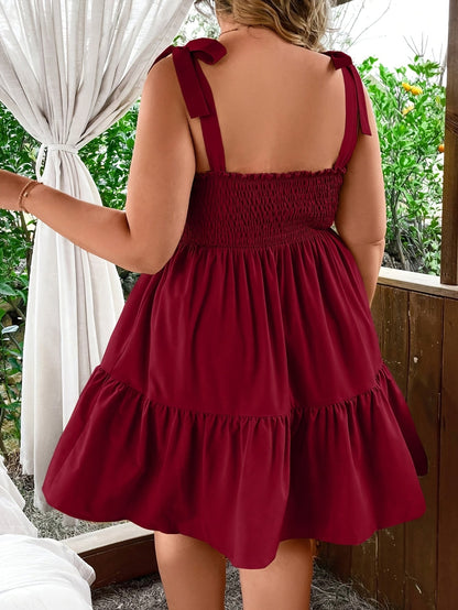 Women's Summer Mini Dress with Smocked Top and Shoulder Bow – Perfect for Vacation and Leisure