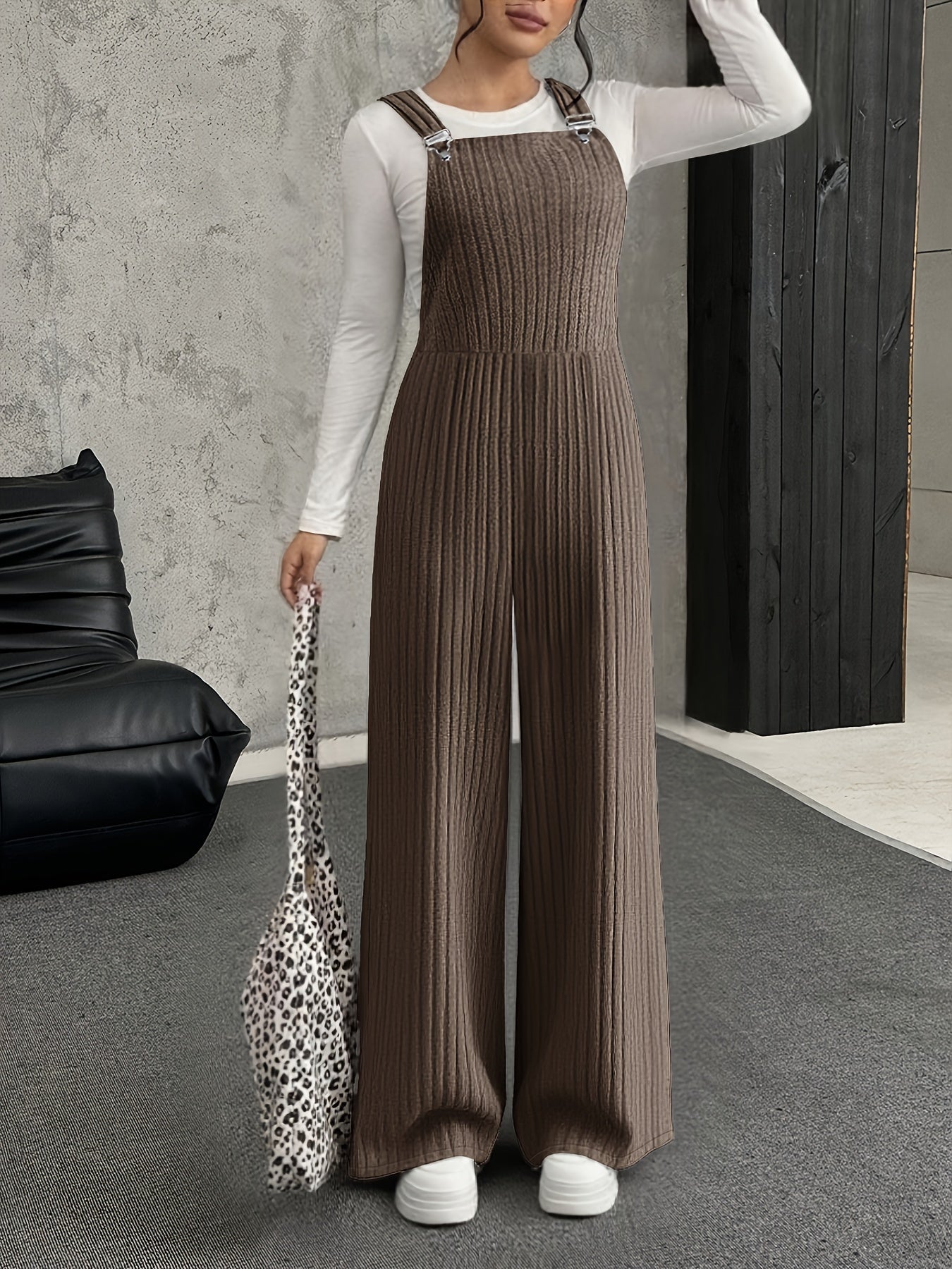 Ribbed women’s jumpsuit with wide legs, gray