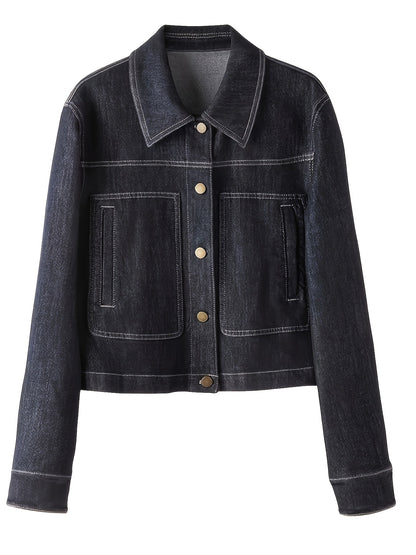 Dark blue cropped casual oversized women’s denim jacket