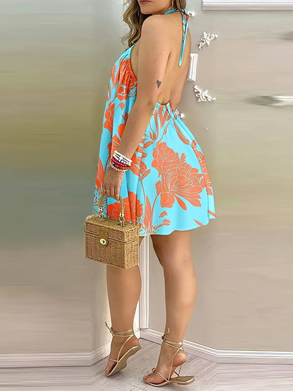 Women's summer mini dress with halter neck and ombre effect – Casual swing style for vacation and garden party