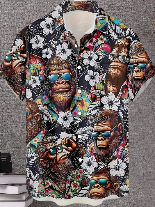 Herren Hawaiihemd mit Affen- und Blumenmuster – Lustiges Sommerhemd, Kurzarm, Freizeit