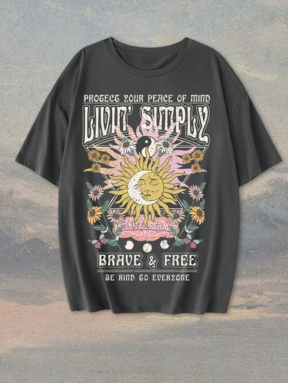 Women's T-Shirt Boho Living Simply Brave & Free with Sun Design and Inspirational Quote – Casual Summer Top