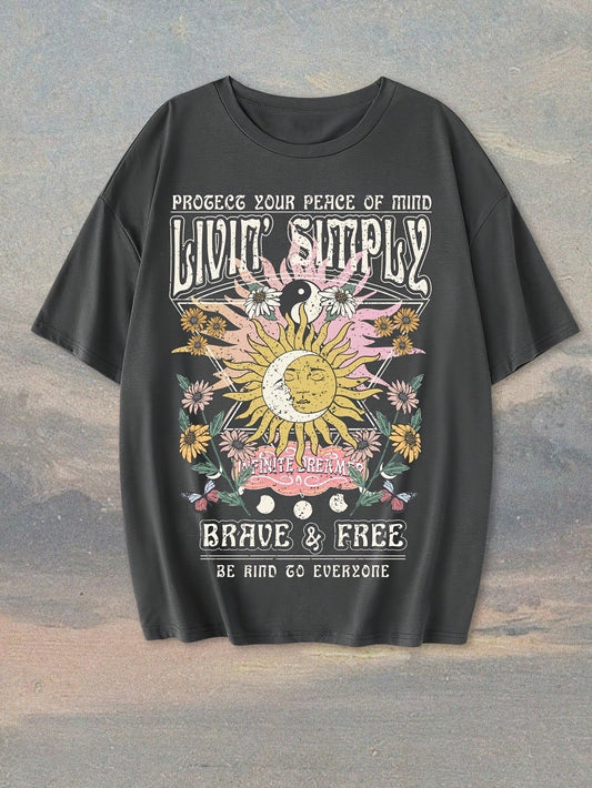 Women's T-Shirt Boho Living Simply Brave & Free with Sun Design and Inspirational Quote – Casual Summer Top
