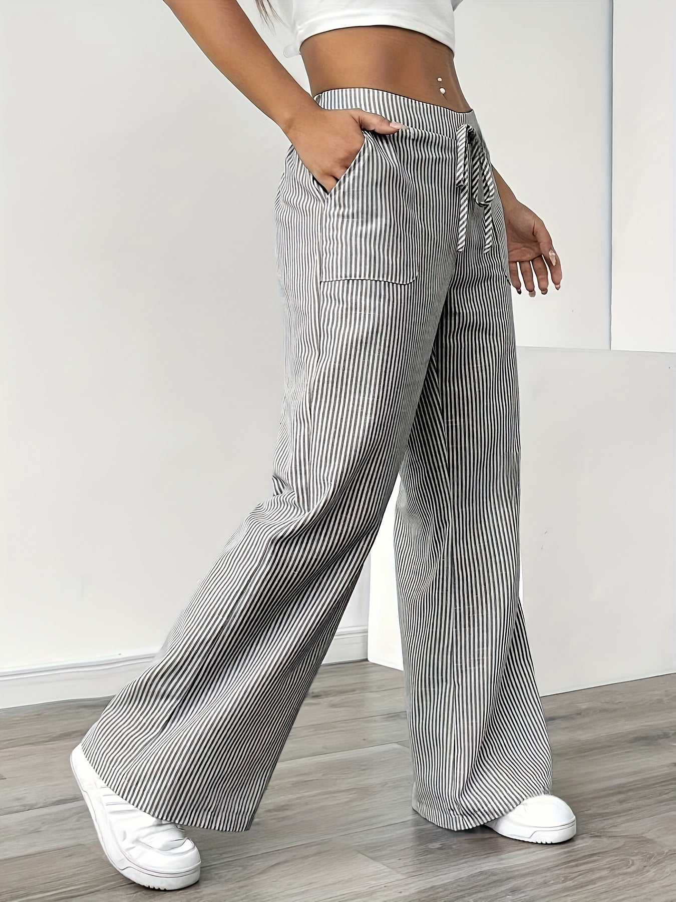 Women's Wide-Leg Casual Pants with Stripes and Drawstring – Relaxed Streetwear for Everyday and Weekend