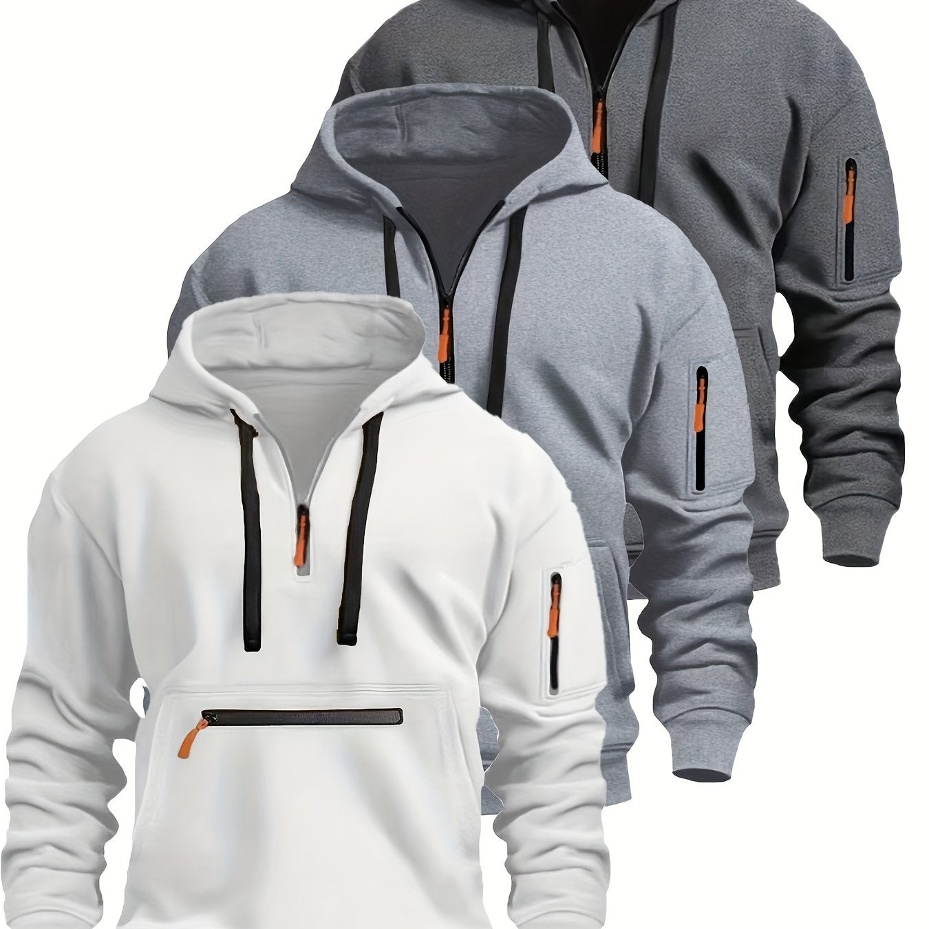 Men's hoodie with zipper and kangaroo pocket, drawstring, long sleeves