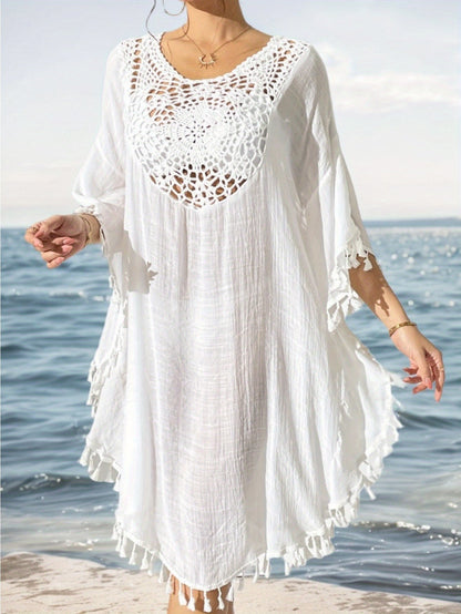 Women's Boho Beach Poncho Kaftan with Crochet Detail and Tassels – Perfect as a Beach Cover-Up