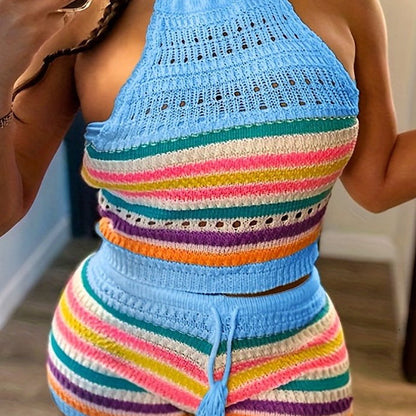 Damen Y2K Strick-Set mit Halterneck-Top und Shorts – Bunte Streifen, Sommer Freizeit Outfit
