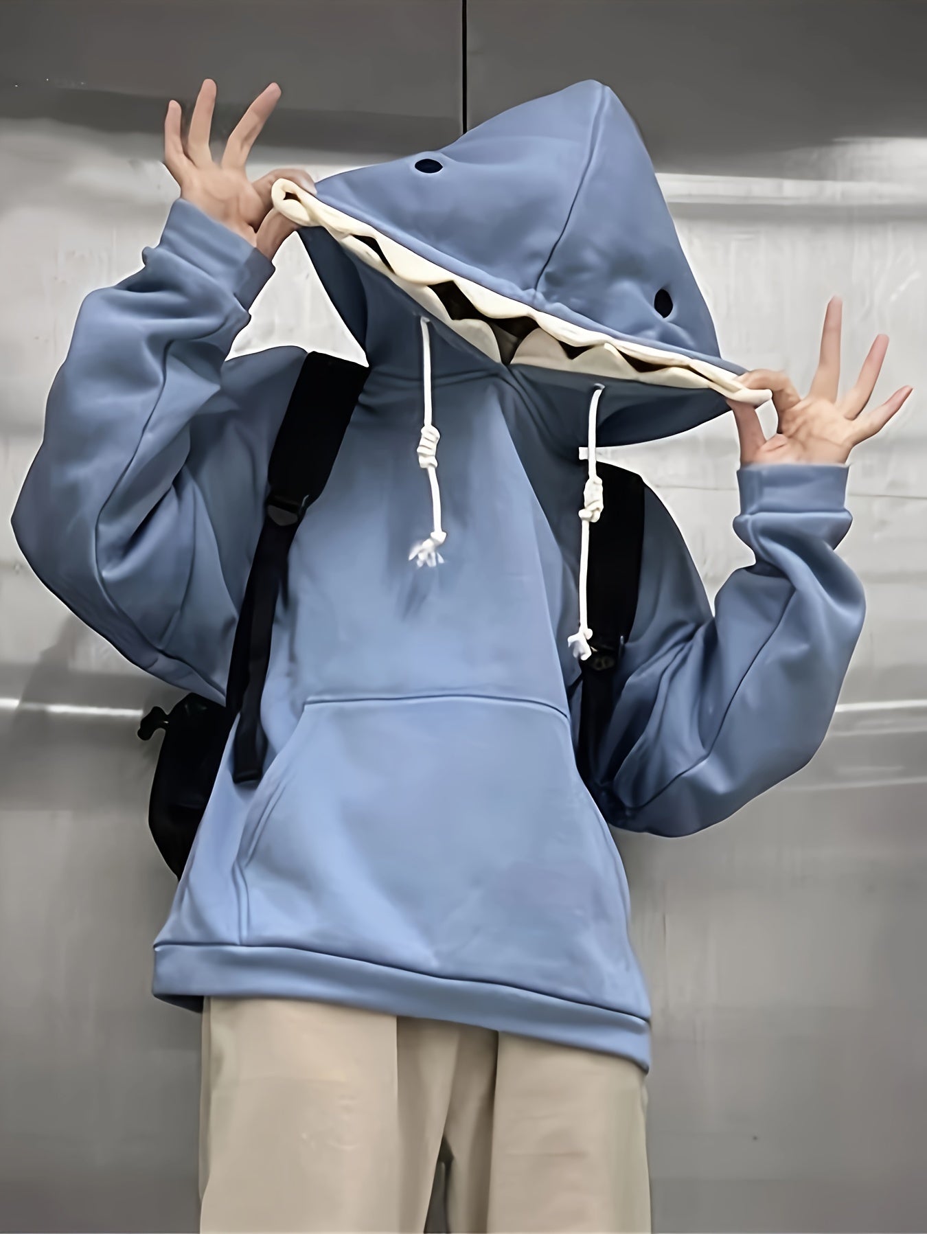 Light blue shark hoodie with hood and kangaroo pocket