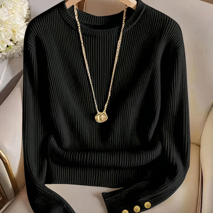 Women's rib-knit long-sleeve crew-neck sweater with buttons