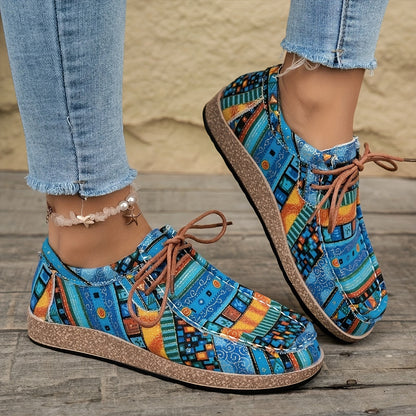 Women's Vintage Casual Shoes with Colorful Ethnic Pattern and Laces – Fashionable Penny Loafers for Everyday & Travel