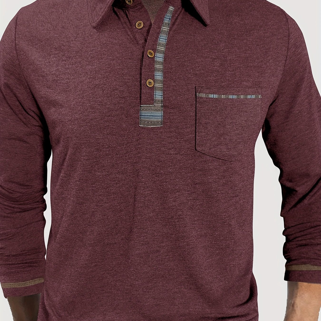 Men's long-sleeved polo shirt with chest pocket and patterned details