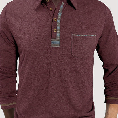 Men's long-sleeved polo shirt with chest pocket and patterned details
