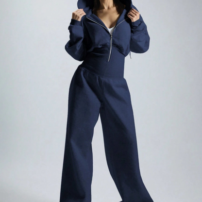 Women's jumpsuit with hood, long sleeves, wide legs, and zipper