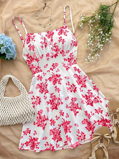 Women's Summer Mini Dress with Floral Pattern – Playful Casual Dress for Vacation & Everyday Wear