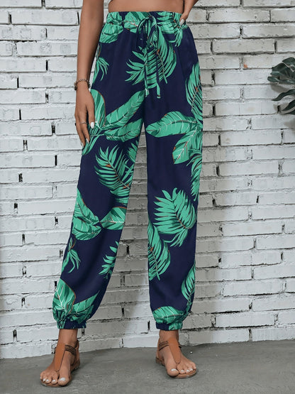 Women's Jogging Pants in Tropical Vacation Style with Plant Pattern – Perfect for Spring and Summer