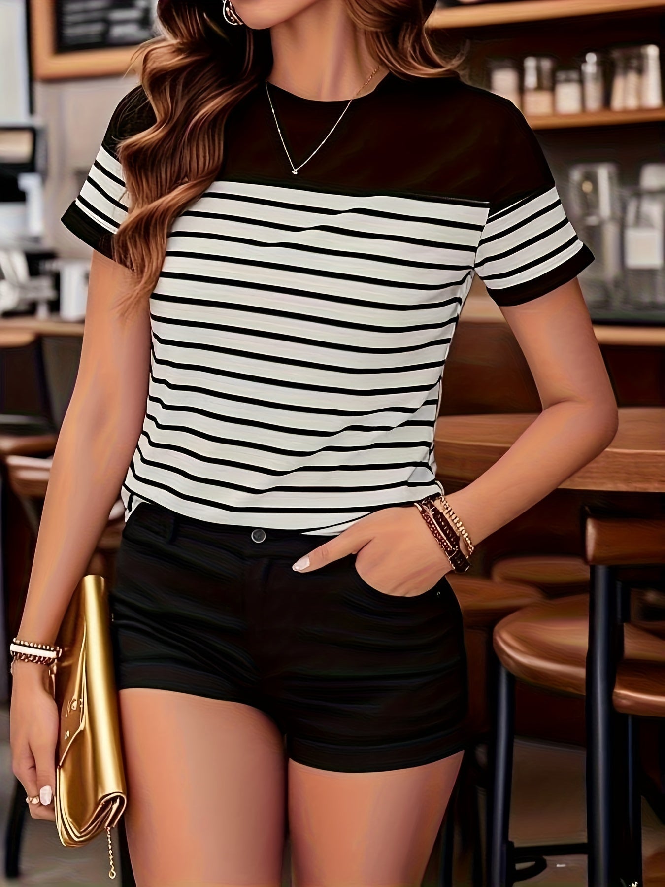 Women's T-shirt with Stripe Pattern and Short Sleeves – Modern Casual Shirt for Everyday Wear and Going Out