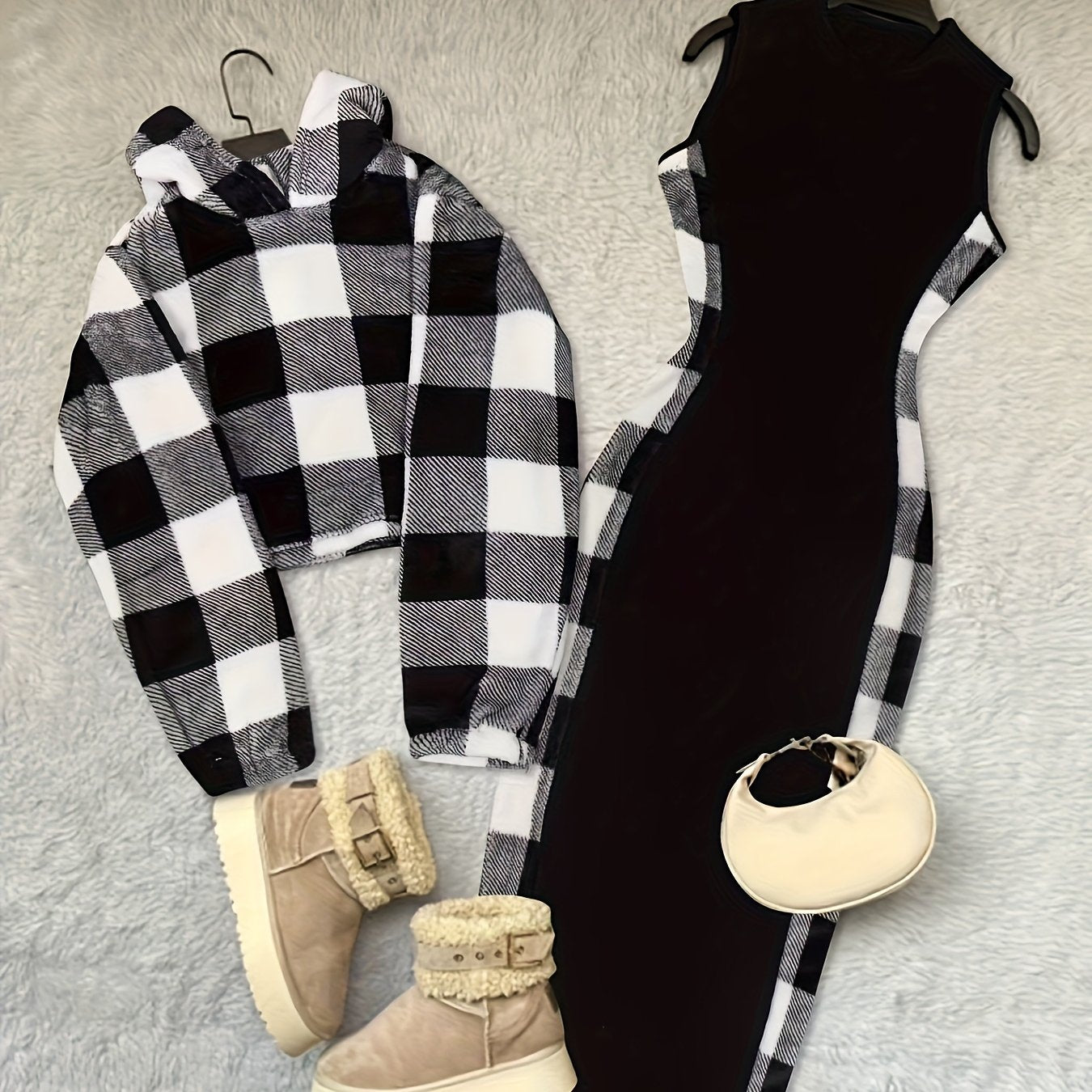 Women’s Hoodie & Dress Two-Piece Set, Black-and-White Plaid