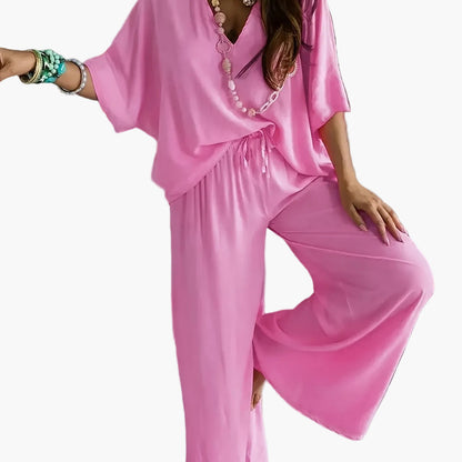 Women's Loose Lounge Pants & V-Neck Blouse Set – Elegant Casual Outfit for Everyday and Vacation