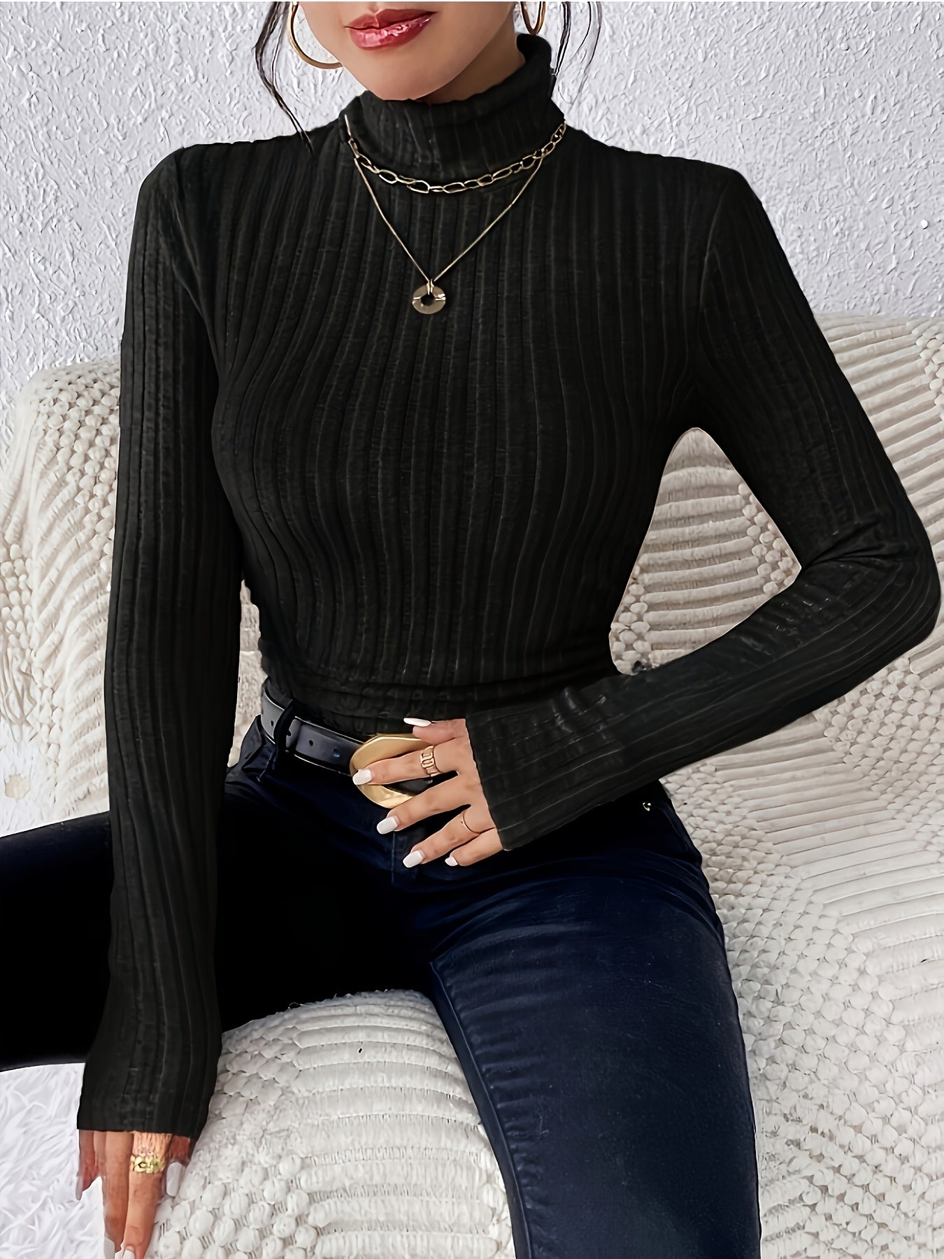Gerippter Damen Rollkragenpullover Langarm