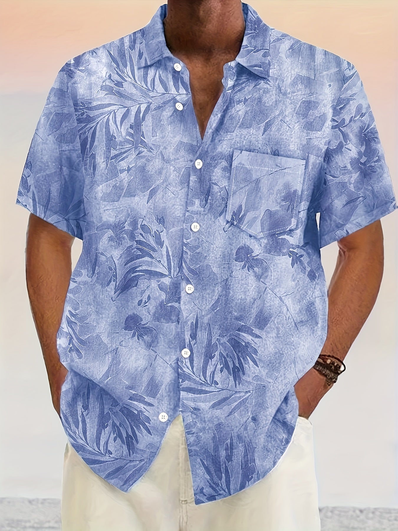 Men's Casual Short-Sleeve Shirt with Plant Pattern – Perfect for Summer and Vacation