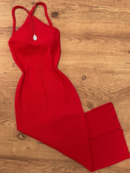 Women's Bodycon Midi Dress with Halterneck and Elegant Summer Style – Figure-Hugging Casual Dress for Everyday & Going Out