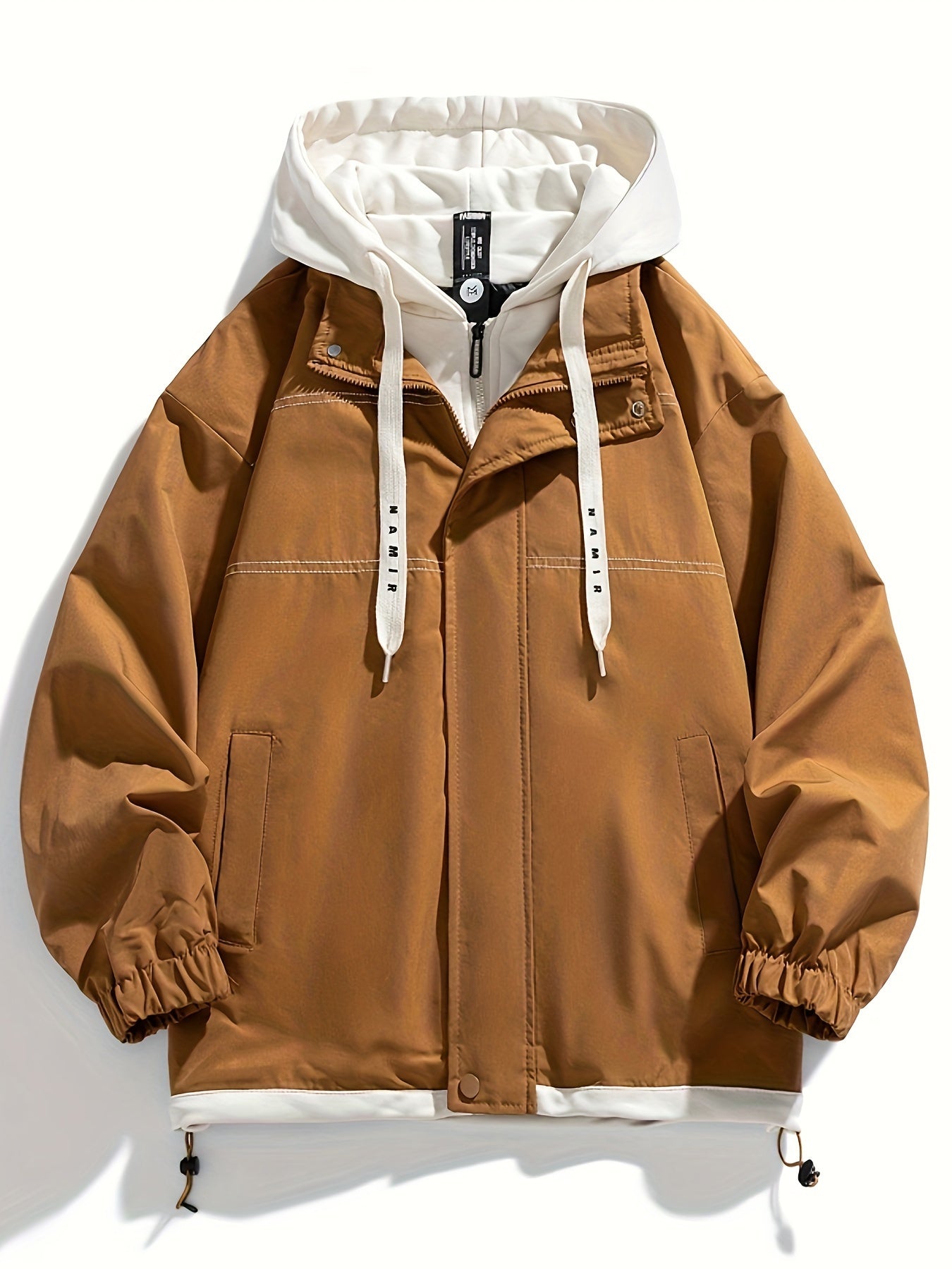 Unisex transitional jacket with hood and zipper, two-in-one look, black/brown