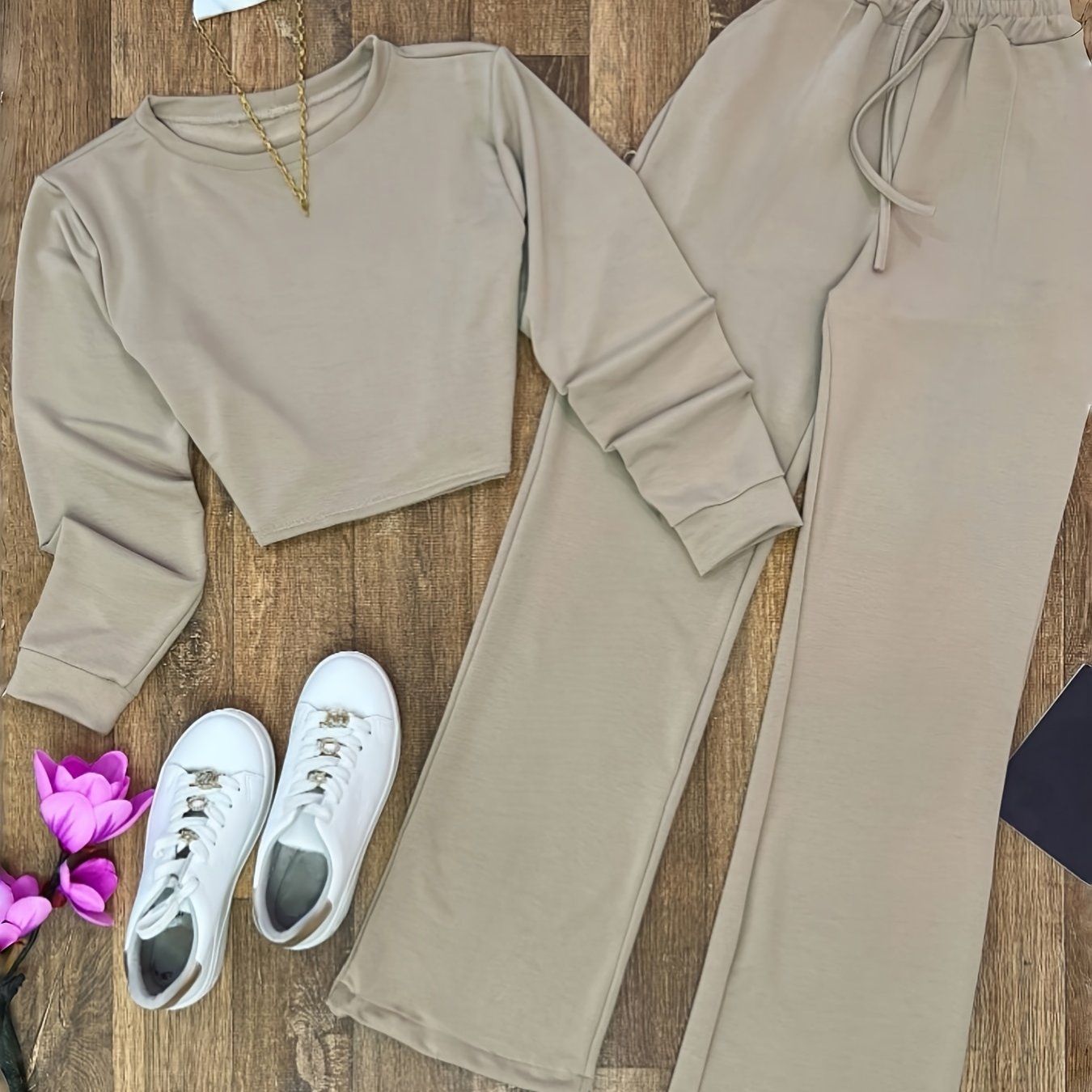 Two-Piece Lounge Set for Women, Crop Top & Wide-Leg Pants, Beige