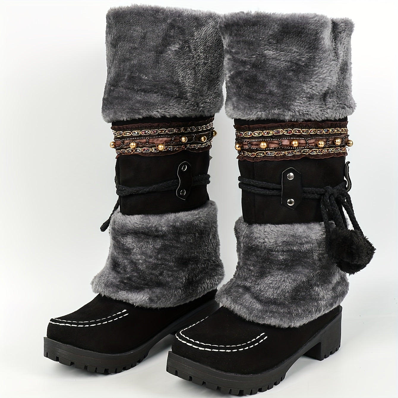 Women's brown winter boots with faux fur, decorative straps & pom-poms