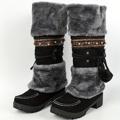 Women's brown winter boots with faux fur, decorative straps & pom-poms