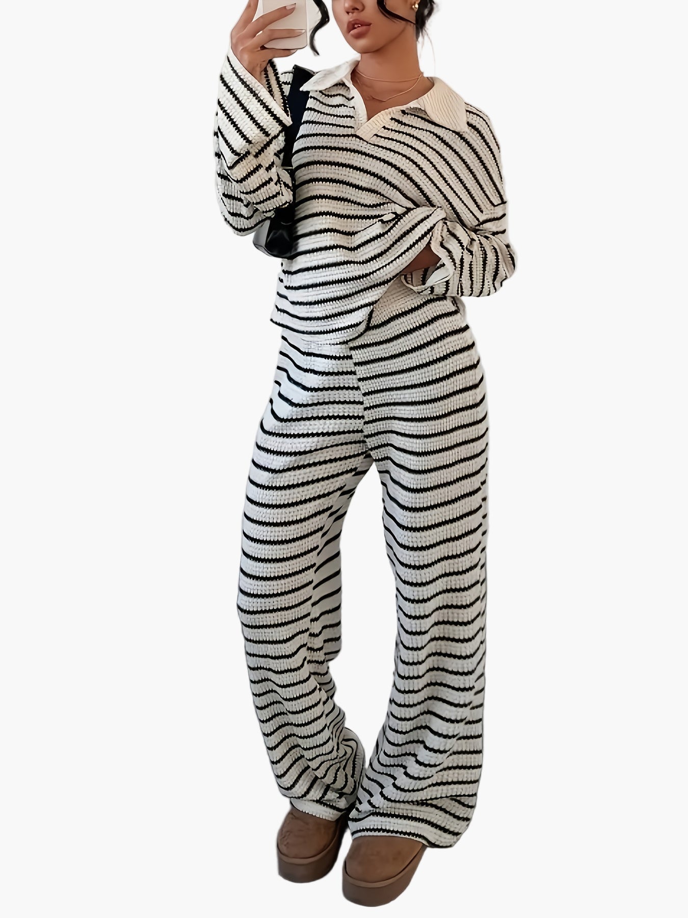 Women's Knit Two-Piece Set – Striped Casual Look for Autumn & Winter, Elegant & Comfortable