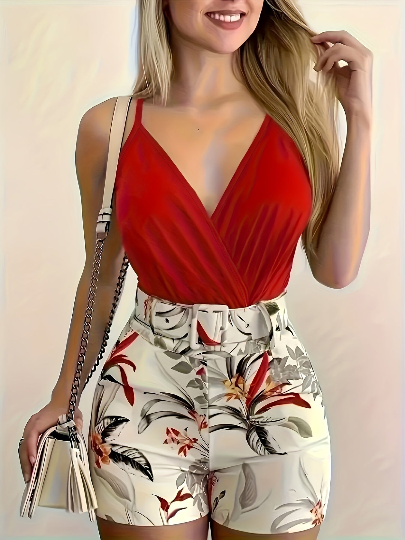 Women's Summer Outfit Set – Sleeveless V-Neck Bodysuit & High-Waisted Floral Shorts with Belt, Fashionable Casual Look