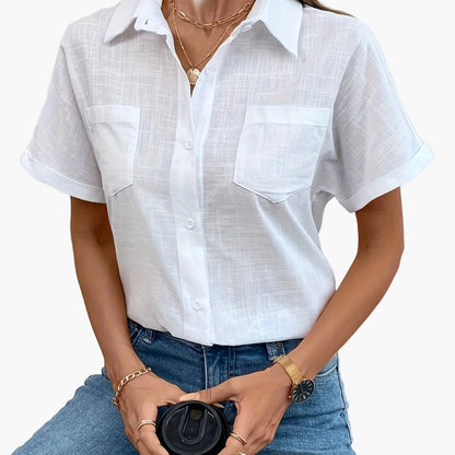 Women's Short-Sleeve Blouse with Bird Print and Chest Pocket – Fashionable Casual Shirt