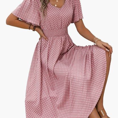Women's Summer Polka Dot Maxi Dress with Short Sleeves and V-Neck – Casual & Vacation