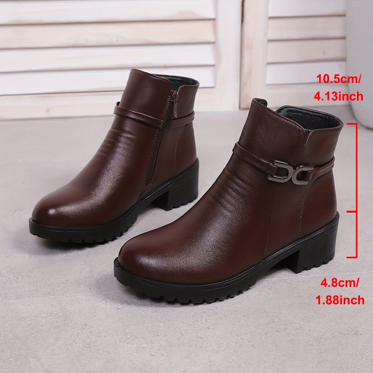 Women's ankle boots with decorative buckle and zip, lug sole, block heel