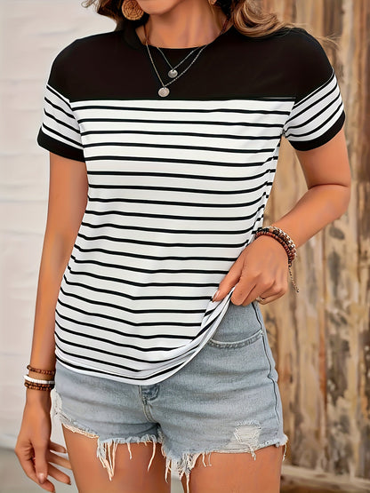Women's T-shirt with Stripe Pattern and Short Sleeves – Modern Casual Shirt for Everyday Wear and Going Out
